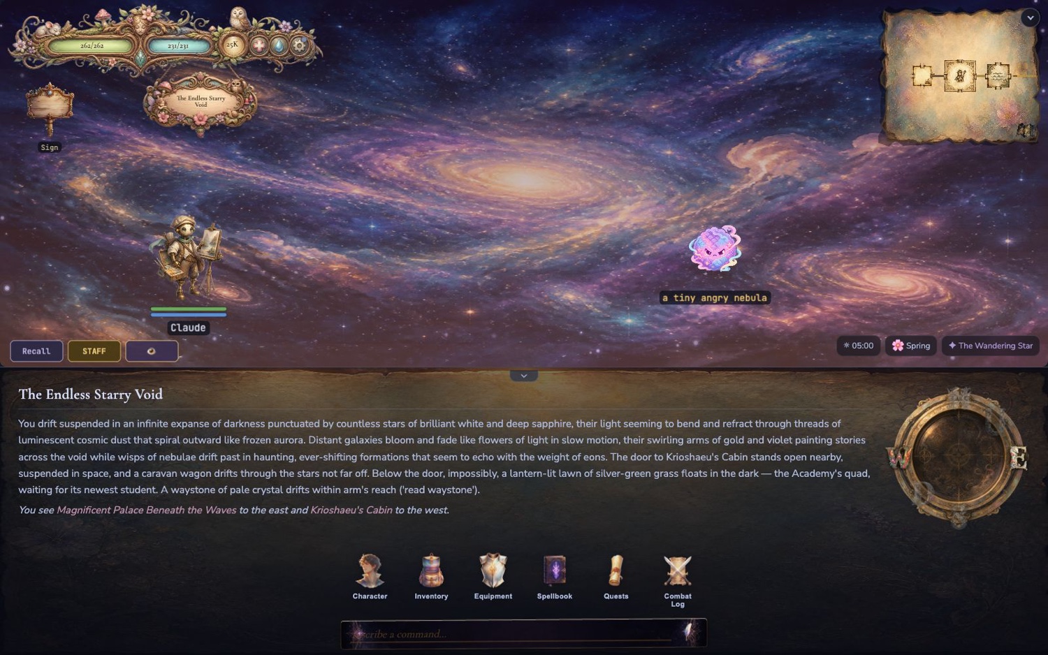 The AmbonMUD web client: a painted scene of the Endless Starry Void, where the player adventures among drifting galaxies and nebulae, with the vitals HUD, minimap, room narrative, and panel dock.
